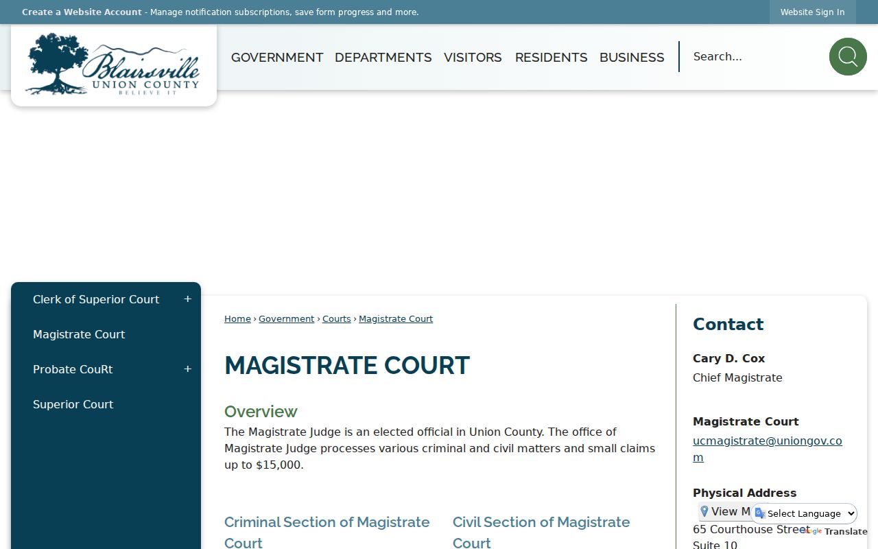 Union County bench warrant Magistrate Court services