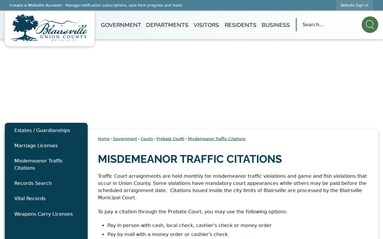 Union County traffic warrant citation and arraignment instructions