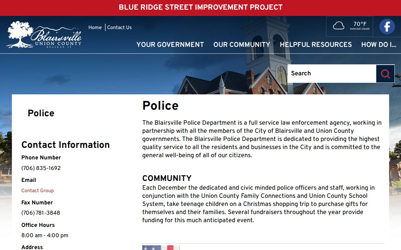 Official Blairsville Police Department contact page for city warrant questions