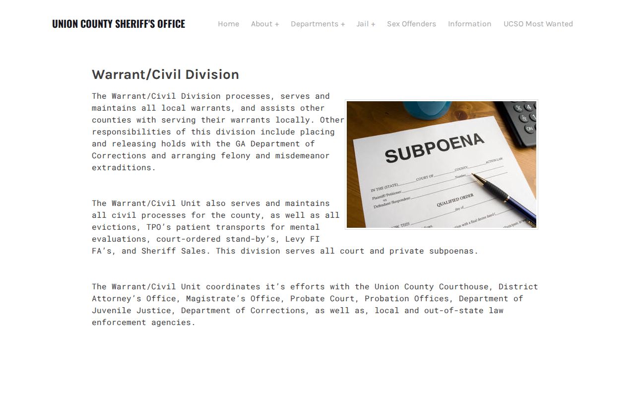 Union County Sheriff Warrant and Civil Division duties