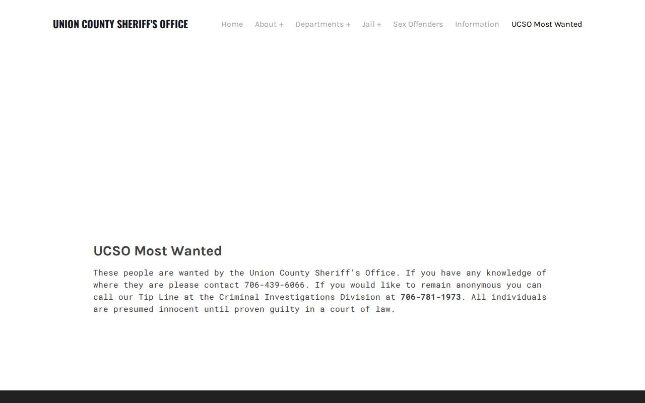 Union County Sheriff's Office Most Wanted program heading and tip instructions without a roster